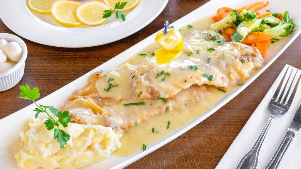 Fillet Of Sole Francese · Lightly battered fresh fillet of sole in a white wine & lemon sauce. All entities served over pasta or side of mashed potatoes and vegetables.