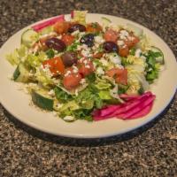 Greek Salad (Small) · lettuce, tomato, cucumber, 
Toppd with cheese and greek dressing