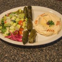 Dolma Plate · Grape leaves roll stuffed with beef and rice. Comes with hummus and Greek salad and pita on ...