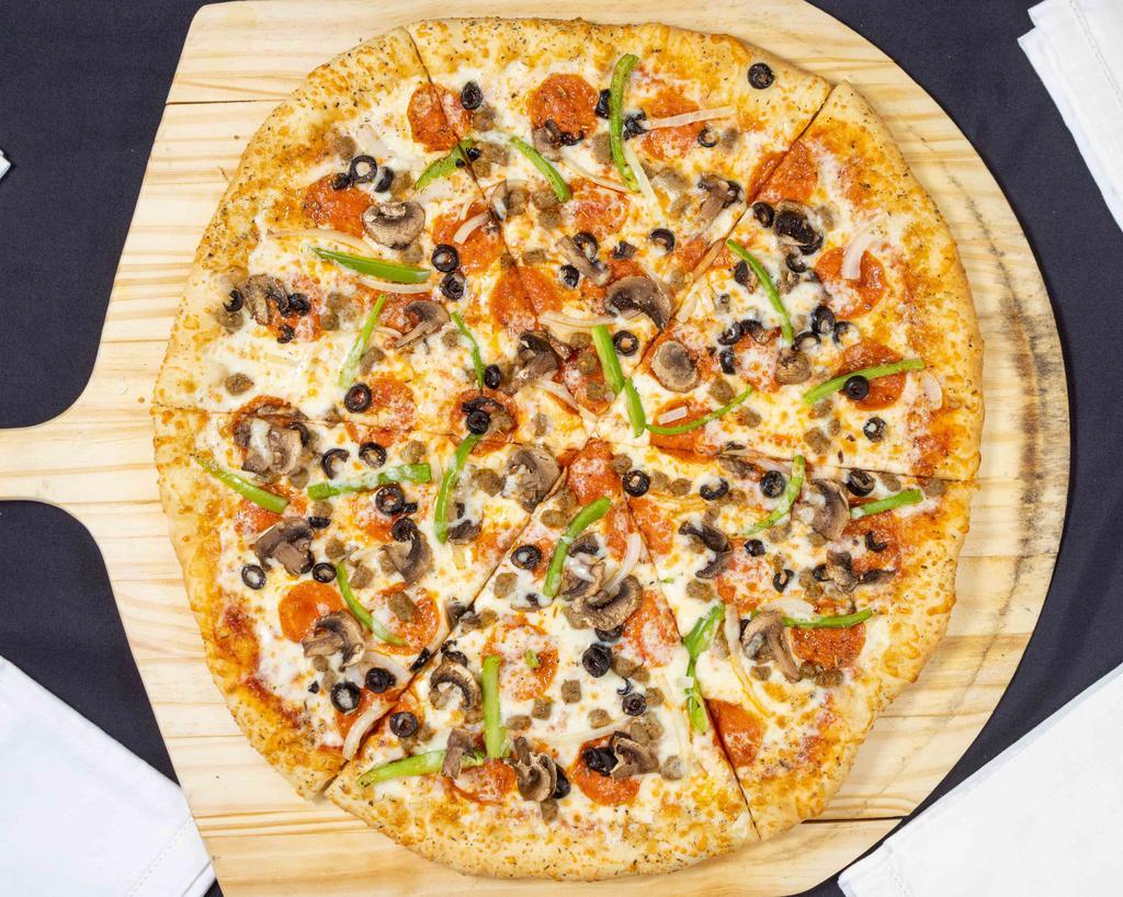 Supreme Pizza · Whole milk mozzarella, pepperoni, sausage, onions, green peppers, mushrooms, & black olives