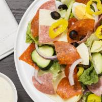 Antipasto Salad · Romaine lettuce, pepperoni, salami, grape tomatoes, cucumbers, red onion, banana peppers, bl...