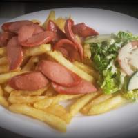 Salchipapa · hot dog with fries and salad