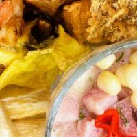 Trío Marino / Sea Threesom · Ceviche, chicharrón de pescado , arroz chaufa  con marisco. / Ceviche, crispy fritters, rice...