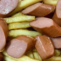 Salchipapa  · Hot dog with fries and salad
