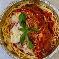 Chicken Parmigiana With Pasta Dinner · Homemade marinara sauce, hand breaded chicken and melted mozzarella cheese.