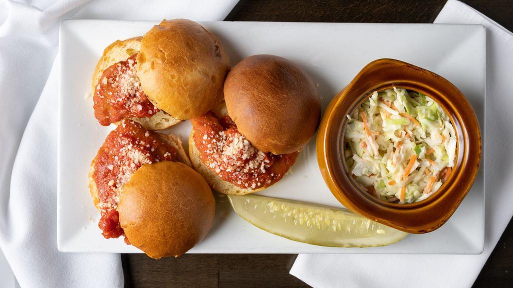 Jackie B Sliders (3) · Choice of Black Angus Beef Burgers and cheddar cheese, Shredded BBQ Pork, or Chicken Parm. Served on mini brioche buns.