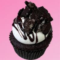 Cookies 'N' Cream Cupcake · chocolate cake filled and topped with vanilla frosting, chocolate ganache, and oreo cookie c...