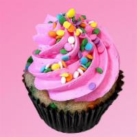 Pink Birthday Cake Cupcake · Rainbow confetti cake with pink vanilla frosting and pastel-colored confetti sprinkles || ve...