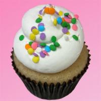 White Room Cupcake · vanilla cake with vanilla frosting and pastel-colored confetti sprinkles || vegan, dairy-fre...