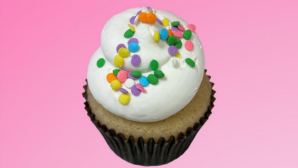 White Room Cupcake · vanilla cake with vanilla frosting and pastel-colored confetti sprinkles || vegan, dairy-free, egg-free, soy-free, contains gluten. made without nuts.