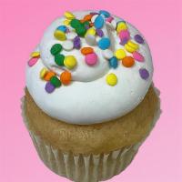 Gluten-Free Vanilla Vanilla Cupcake · vanilla cake with vanilla frosting, topped with pastel-colored confetti sprinkles. || vegan,...