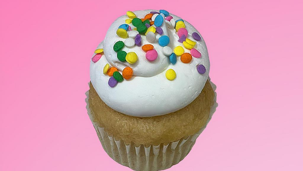 Gluten-Free Vanilla Vanilla Cupcake · vanilla cake with vanilla frosting, topped with pastel-colored confetti sprinkles. || vegan, dairy-free, egg-free, soy-free, gluten-free. made without nuts.