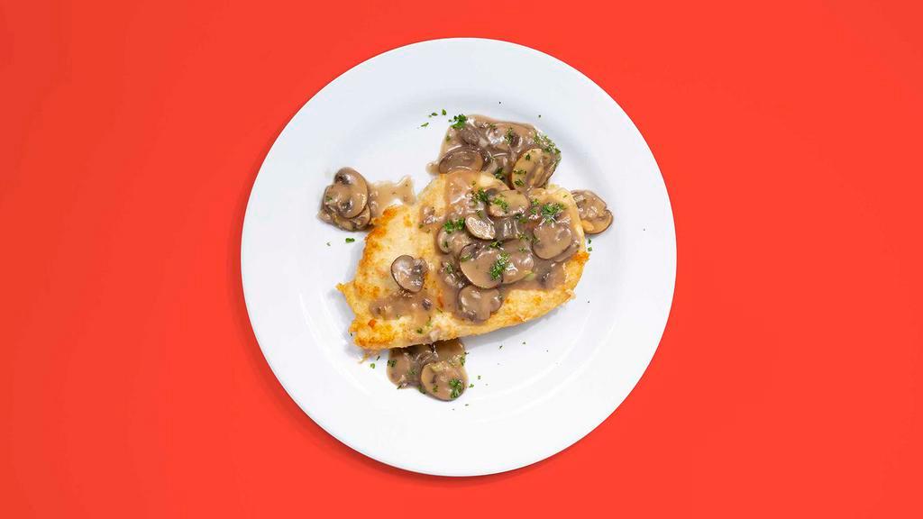 Chicken Marsala · Chicken breast dressed with a sauce of mushrooms and marsala wine. Served with your choice of pasta, potatoes or veggies on the side.