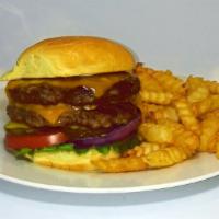 Double Cheeseburger. · Choice of American, Swiss or cheddar cheese with lettuce, tomato, red onions and pickles on ...