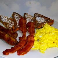 French Toast Breakfast. · Served with eggs,* bacon strips and sausage links and a drink.