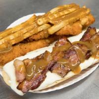 Highway Hangover Helper · Breaded Chicken Cutlet, Melted Mozzarella, Bacon, french Fries & Brown Gravy on a Store Made...