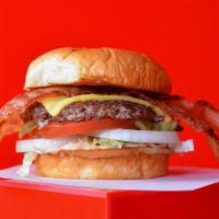 Shakin'  Bacon Smash Cheeseburger · Juicy, grilled beef burger smashed to perfection with American cheese, smoked
bacon, fresh s...