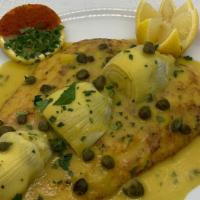 Filet Of Sole Meuniere · Sole filet with a blend of white wine, lemon, artichokes and capers.