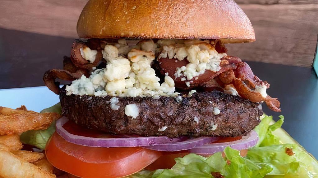 Bacon & Bleu Burger · This bleu cheese burger with smoked applewood bacon takes regular hamburgers to a whole new level. Crisp bacon, tangy bleu cheese crumbles is served with raw onion, lettuce, tomato, pickle.