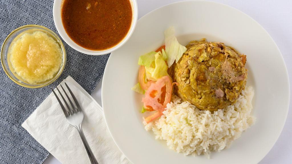 Pernil Mofongo · Served with chicken. Green mashed plantain served with gravy.