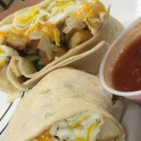 Breakfast Burrito · (Three) scrambled eggs, cheddar cheese, diced bell peppers, onions and tomatoes topped with ...