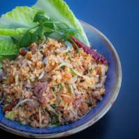 Nam Khluk  · Spicy, gluten free.  laotian crispy rice with fermented pork sausage, chili, roasted peanuts...