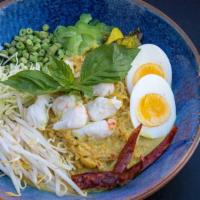 Kha Nom Jeen Nam Ya Poo  · Crab curry with vermicelli noodle, bitter melon, long bean, bean sprout, preserved mustard g...
