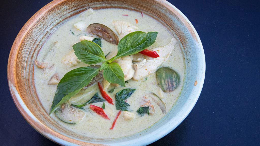 Keaw Warn  (Green Curry) (Spicy,Gluten Free) · Spicy, gluten free.Thai eggplant, bamboo shoot, long hot chili, and basil served with jasmine rice. (Spicy, Gluten free)