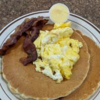 Two Eggs & Two Pancakes · Comes with two bacon, ham or sausage.