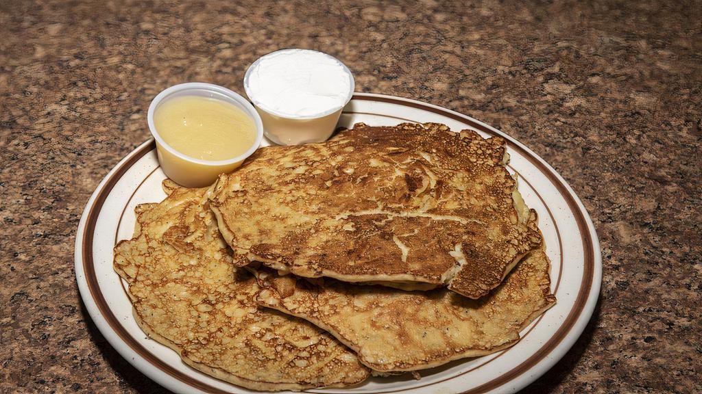 Homemade Potato Pancakes · Served with applesauce or sour cream. Add three oz NY pure maple syrup for an additional charge.
