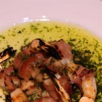 Grilled Shrimp And Prosciutto (Gf) · Gulf shrimp wrapped in prosciutto di parma and warm pesto. Gluten free available.