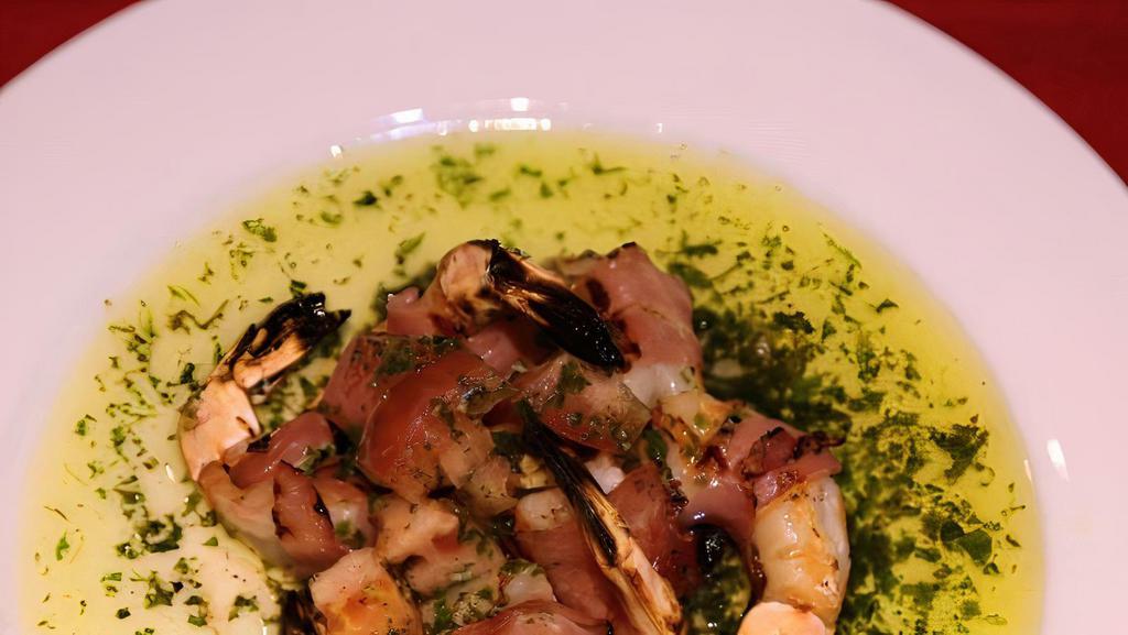 Grilled Shrimp And Prosciutto (Gf) · Gulf shrimp wrapped in prosciutto di parma and warm pesto. Gluten free available.