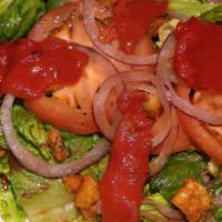 House Salad (Gf) · Romaine, tomatoes, roasted peppers, onions and croutons with balsamic vinaigrette (no crouto...