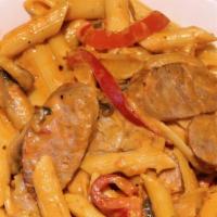 Penne Classico (Gf) · Penne with seasoned sweet sausage mushrooms, peppers, onions and tomatoes in a fresh pink sa...