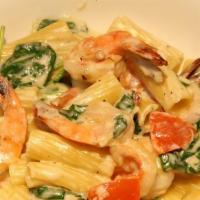 Rigatoni Gorgonzola Con Gamberi (Gf) · Pan-seared shrimp, spinach and tomatoes in a gorgonzola cream sauce. Gluten free penne or sp...