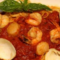 Linguine Del Pescatore Fra Diavlo (Gf) · Shrimp, scallops, clams and mussels in spicy marinara sauce. Gluten free penne or spaghetti ...
