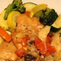 Pollo Bianco (Gf) · Chicken medallions, artichoke hearts, mushrooms and tomatoes in a white wine sauce with saut...