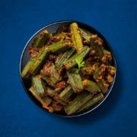 Okra Masala (Vegan) · Diced fresh okra, sauteed in a curry base made of onions, tomatoes, fresh herbs, and spices....