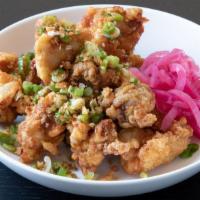 Black Pepper Garlic Fried Chicken (Med) · Crispy fried chicken thighs tossed with caramelized garlic, black pepper, scallions and sea ...