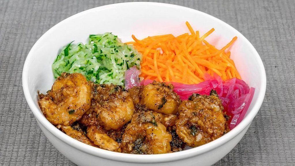 Honey Garlic Shrimp Bowl · Crispy shrimp sautéed with a sauce of garlic, black pepper, honey, and scallions. Served over your choice of white rice, brown rice, or salad.