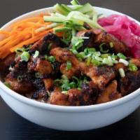 Soy Garlic Chicken Bowl · Roasted chicken thigh marinated in soy garlic sauce. Served over a bed of white rice, brown ...
