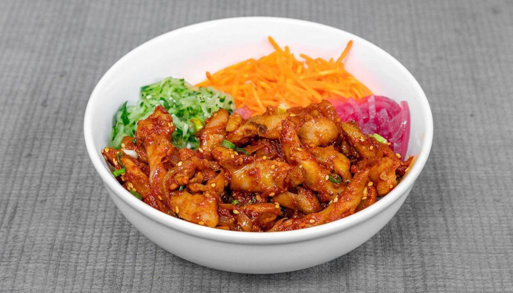 Spicy Chicken Bulgogi Bowl · Roasted chicken thigh marinated in spicy gochujang sauce. Served over a bed of white rice, brown rice, or salad.