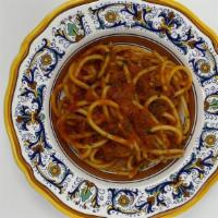 Bucatini All'Amatriciana · Bucatini in amatriciana sauce. Tomato sauce, pancetta and onion.