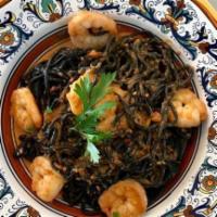 Spaghetti Neri Con Nduja E Gamberetti · Homemade squid ink spaghetti with nduja and shrimp. Spicy!