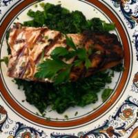 Salmone E Cime Di Rapa · Grilled filet of salmon served with sauteed broccoli rabe.