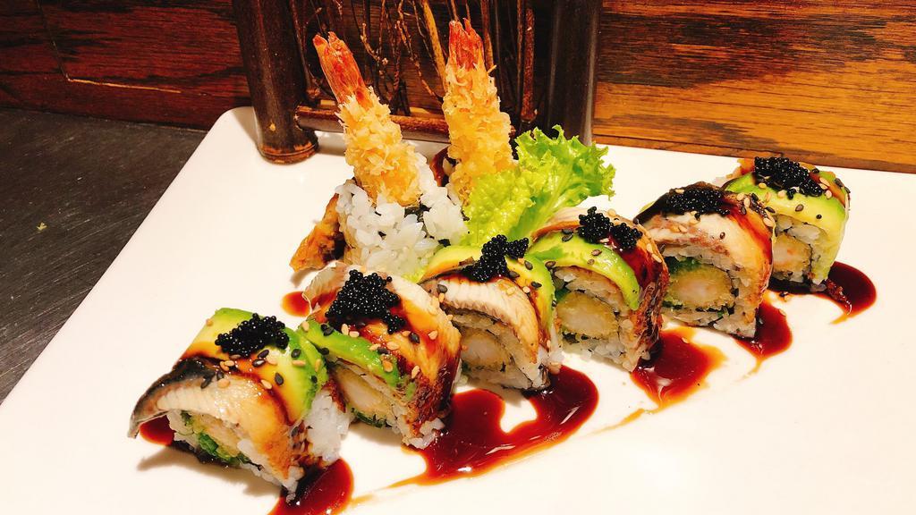 Crazy Dragon · Shrimp tempura, seaweed salad inside, top with eel and avocado, served with eel sauce.