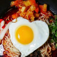 Vegan Joy Love Noodle (No Egg) · Hand-pulled noodles, vegan roast pork,  Chinese kim chee, Served Without an egg