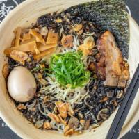 Black Garlic Tonkotsu · Tonkotsu broth, green onion, chashu, ajitsuke tamago, menma, garlic chips, nori, black garli...
