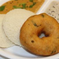 Idly Vada ( 2Pcs Idly , 1 Pc Vada ) · Steamed rice cake and fried lentil donut.