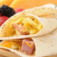 Ham, Egg & Cheese Breakfast Wrap · Cooked eggs with ham and cheese on breakfast wrap.